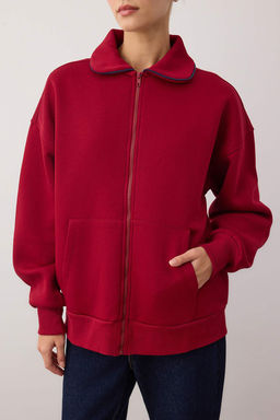 Bordo Polo Yaka Biyeli Oversize/Genis Kal?p Orme Sweatshirt TWOAW26SW00195 - Trendyolmilla фото 3