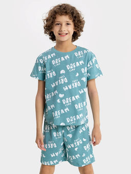 Комплект для мальчиков (футболка, шорты) бирюзовый с текстовым принтом - Mark formelle фото 2