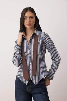 Kahverengi Mavi Cizgili Kravatl? Hafif Bele Oturan Gomlek TWOAW26GO00133 - Trendyolmilla фото 2