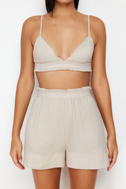 Trendyolmilla Premium Bej %100 Pamuklu Puskul Detayl? Ip Ask?l? Muslin Sortlu Dokuma Pijama Tak?m? THMSS24PT00076  фото 5