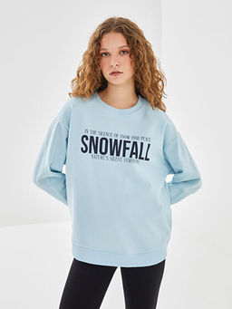 Bisiklet Yaka Bask?l? Oversize Kad?n Sweatshirt