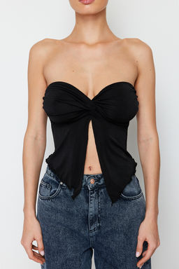 Trendyolmilla Siyah Premium Buzzy Kalp Yaka Buzgulu Esnek Crop Orme Bluz TWOSS24BZ00204 фото 4