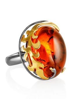 Крупное эффектное кольцо с цельным коньячным янтарём Версаль