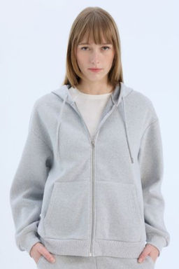 Okula Donus Relax Fit Kapusonlu Kal?n Basic Duz Cepli Fermuarl? Sweatshirt