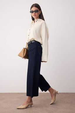 Koyu Mavi Orta Belli ve Beli Detayl? Pacas? Kesikli Culotte Bilek Boyu Jeans TWOAW26JE00045 - Trendyolmilla фото 2