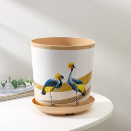 Горшок для цветов с поддоном Доляна «Каракум. Венценосный журавль», 1.6 л, d=14 см, h=15.5 см, пластиковый, белый/бежевый