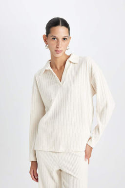 Женская повседневная футболка с воротником-поло в рубчик и длинными рукавами - Defacto фото 4