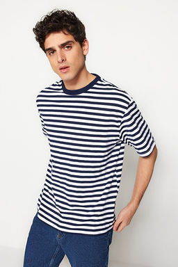 Lacivert Oversize/Geni_ Kesim _izgili K_sa Kol T-Shirt TMNSS20TS0511