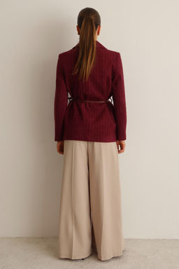 Bordo Kase Cizgili Kemerli Dokuma Blazer Ceket TWOAW26BC00072