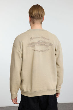 Bej Oversize/Genis Kesim Eskitme/Soluk Efektli Nak?sl? Sweatshirt TMNAW25SW00170