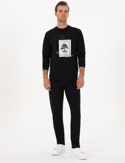 Lacivert Regular Fit Bisiklet Yaka Bask_l_ Sweatshirt
