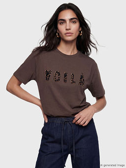 Bisiklet Yaka Bask?l? Oversize Kad?n Ti??rt