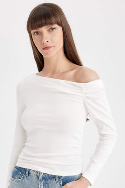 K?rm?z? Slim Fit Dar Kesim Tek Omuzlu Ribana Basic Duz Uzun Kollu Tisort - Defacto фото 3