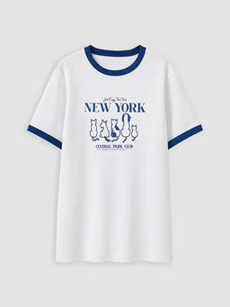 Bisiklet Yaka New York Bask?l? K?z ?ocuk Ti??rt