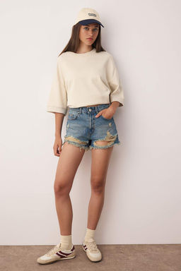 Mavi Y?rt?kl? Yuksek Bel Mini Denim Sort TWOSS23SR00278