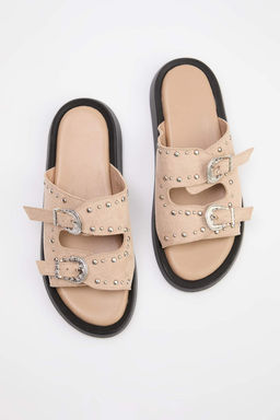 Bej Trok Detayl? Kad?n Cift Bantl? Antik Tokal? Terlik TAKSS26TE00020