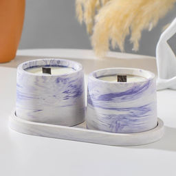 Набор свечей в подсвечнике на подставке «Лофт», соевый воск, деревянный фитиль, бело-фиолетовая