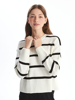 Bisiklet Yaka ?izgili Uzun Kollu Kad?n Triko Kazak