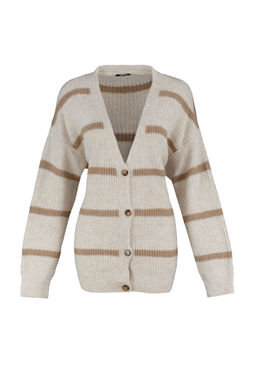 Ekru Genis Kal?p Yumusak Dokulu Cizgili Triko H?rka TWOAW23HI00191