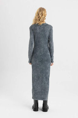 Крутое облегающее платье макси в рубчик с длинными рукавами и блестками - Defacto фото 7