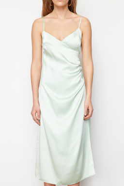 Yesil Kruvaze Yaka Saten Midi Dokuma Elbise TWOSS24EL00066 - Trendyolmilla фото 4