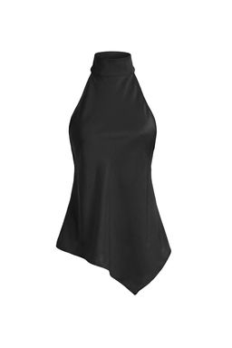 Siyah Asimetrik Kesim Halter Yaka Saten Bluz TPRSS26BZ00019