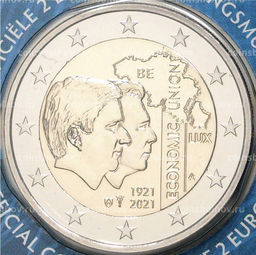 Монета 2 евро 2021 года Бельгия  100 лет Бельгийско-Люксембургскому экономическому союзу (Текст на лицевой стороне блистера на английском и фламандском)