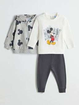 Kap??onlu Mickey Mouse Bask?l? Erkek Bebek 3l? Tak?m