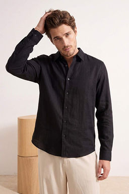 Siyah Keten Kar___ml_ Regular Fit Yazl_k Erkek G_mlek TMNSS26GO00018