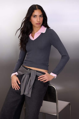 Teen Lacivert Ekose/Kareli Fitted/Vucuda Oturan Dokuma Detayl? Orme Bluz TWOAW26BZ00008 - Trendyolmilla фото 9