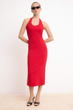 K?rm?z? Belden Ac?lan K?sa Kollu Tok %100 Pamuk Orme Elbise TWOSS26EL00238