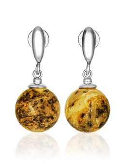 Серьги-гвоздики из натурального янтаря с сатиновой поверхностью Метеорит
