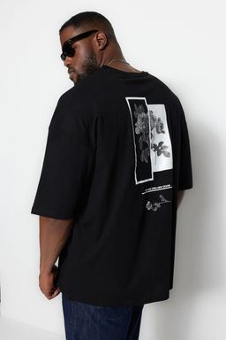TRENDYOL MAN Siyah Buyuk Beden Oversize/Genis Kesim Rahat Cicek Bask?l? %100 Pamuklu T-Shirt TMNSS23TS00136