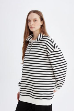 Relax Fit Dik Yaka Fermuarl? Cizgili Ici Yumusak Tuylu Kal?n Sweatshirt Tunik