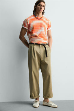 CAMISETA REGULAR FIT JACQUARD RAYAS / blanco-naranja