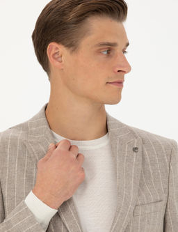 Бежевая классическая куртка приталенного кроя из шерсти и кашемира в полоску - Cacharel фото 2