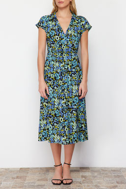 Lacivert Cicek Desenli A Kesim Kruvaze Yaka Viskon Midi Dokuma Elbise TWOSS24EL00607 - Trendyolmilla фото 4