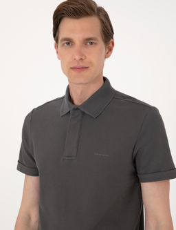 Gri Slim Fit %100 Pamuk K_vr_lmaz Amerikan Pike Polo Yaka Basic Ti__rt