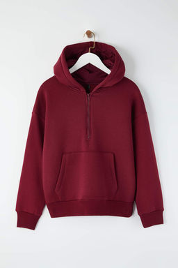 Teen Bordo Kapusonlu Kal?n Ici Polarl? Yar?m Pat Fermuarl? Cepli Orme Sweatshirt TWOAW26SW00160