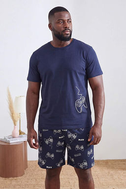 Lacivert Regular Kesim Game Bask_l_ %100 Pamuk B_y_k Beden Pijama Tak_m_ TMNSS26AI00001