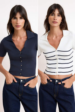 Lacivert-Ekru Ikili Paket Cizgili Basic Bluz TWOSS26BZ00284
