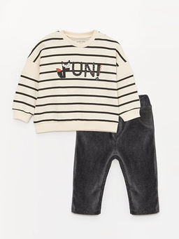 Bisiklet Yaka Uzun Kollu ?izgili Erkek Bebek Sweatshirt ve Pantolon 2li Tak?m