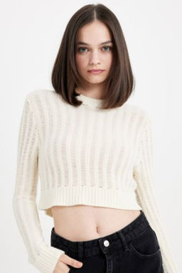 Regular Fit Crop Bisiklet Yaka Orgu Delikli Triko Kazak