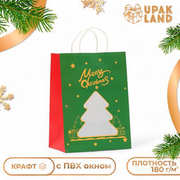 Цена за 12 шт. Пакет подарочный новогодний крафт, с окном Ёлка 19?26?13 см