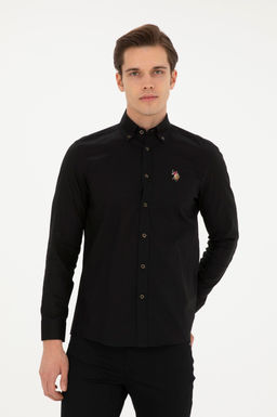 Мужская черная базовая рубашка с длинным рукавом