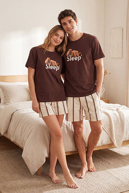 Unisex Kahverengi Regular Fit Ay_c_k Bask_l_ Pamuklu Pijama Tak_m_ TMNSS26PT00017