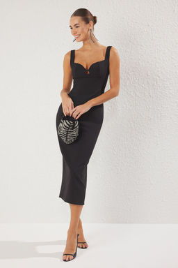 Siyah Cut Out/Pencere Detayl? Dokuma Midi S?k Abiye Gece Mezuniyet Elbisesi TPRSS25EL00249