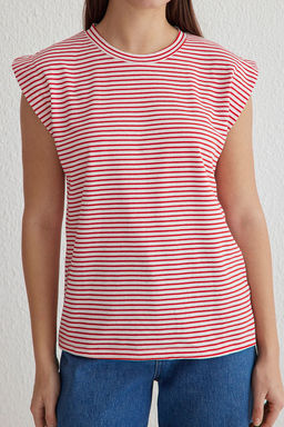 K?rm?z? Cizgili %100 Pamuk Cizgili Vatka Gorunumlu Basic Bisiklet Yaka Orme T-Shirt TWOSS20TS0021