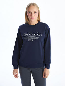 Bisiklet Yaka Bask?l? Oversize Kad?n Kal?n Sweatshirt