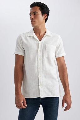 Хлопковая рубашка обычного кроя с открытым воротником и короткими рукавами - Defacto фото 3